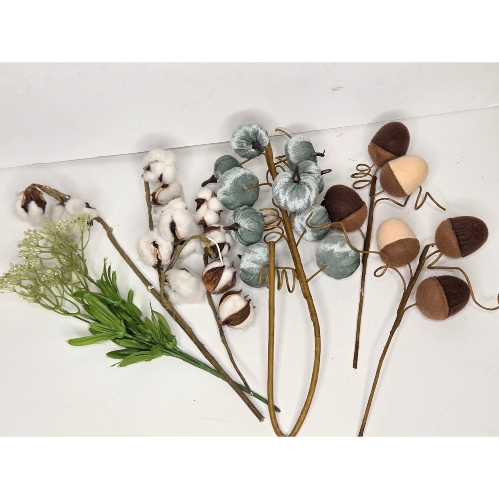Faux Fall Floral Stems Picks Velvet Pumpkins Felt Acorns Cotton Farmhouse Decor